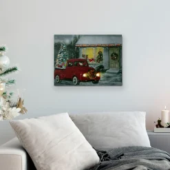 Led Lighted Fiber Optic Santa In Truck Christmas Canvas Wall Art 11.75" X 15.75"
