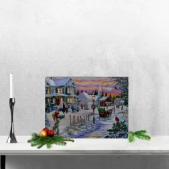 Led Lighted Fiber Optic Snowy Christmas Village Canvas Wall Art 11.75" X 15.75"