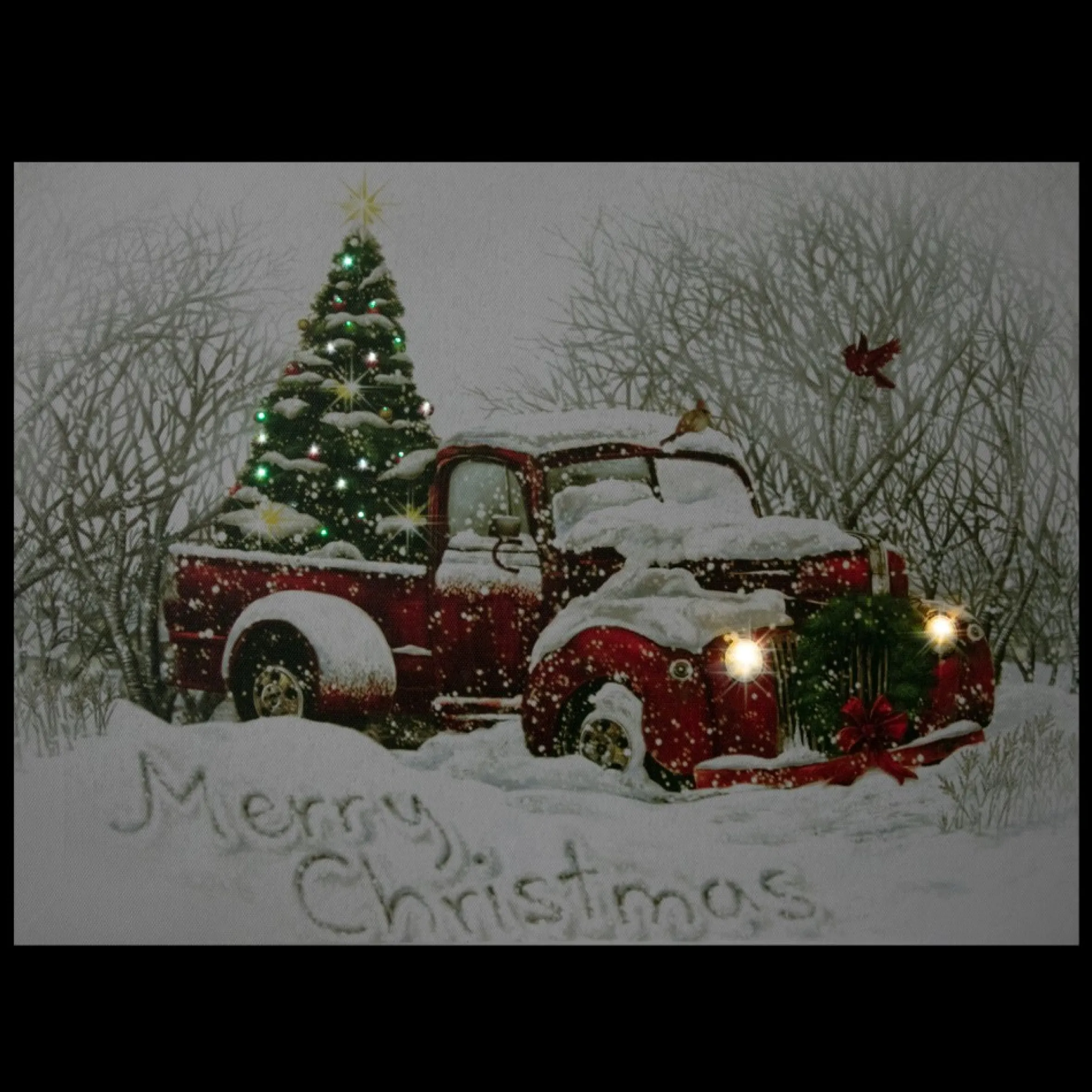 Led Lighted Fiber Optic Truck And Tree Christmas Canvas Wall Art 11.75" X 15.75"