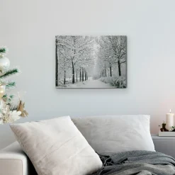 Led Lighted Fiber Optic Twinkling Snow Covered Tree Scene Canvas Wall Art 15.75" X 11.75"