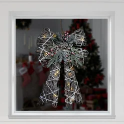 23" Led Lighted Frosted Rattan Christmas Bow Decoration