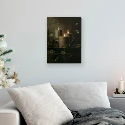 Led Lighted Glittery Gold Flickering Candles Christmas Canvas Wall Art 15.75" X 11.75"