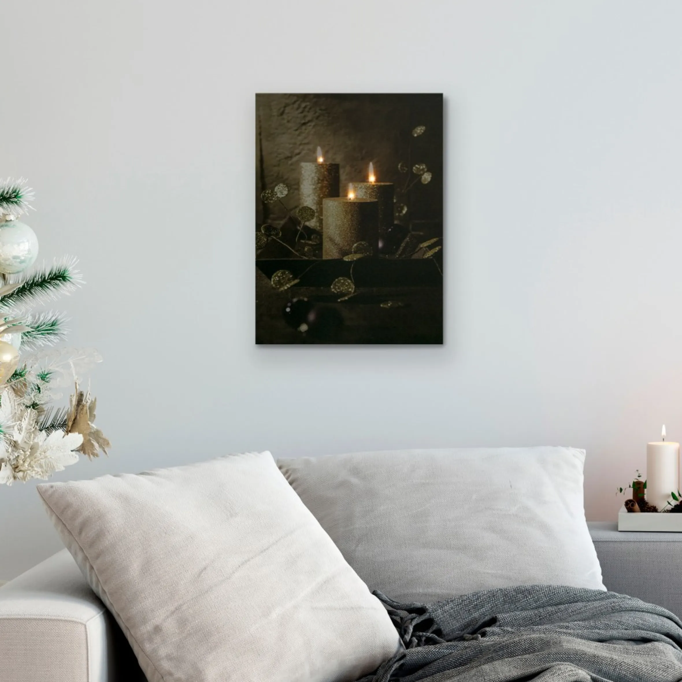 Led Lighted Glittery Gold Flickering Candles Christmas Canvas Wall Art 15.75" X 11.75"
