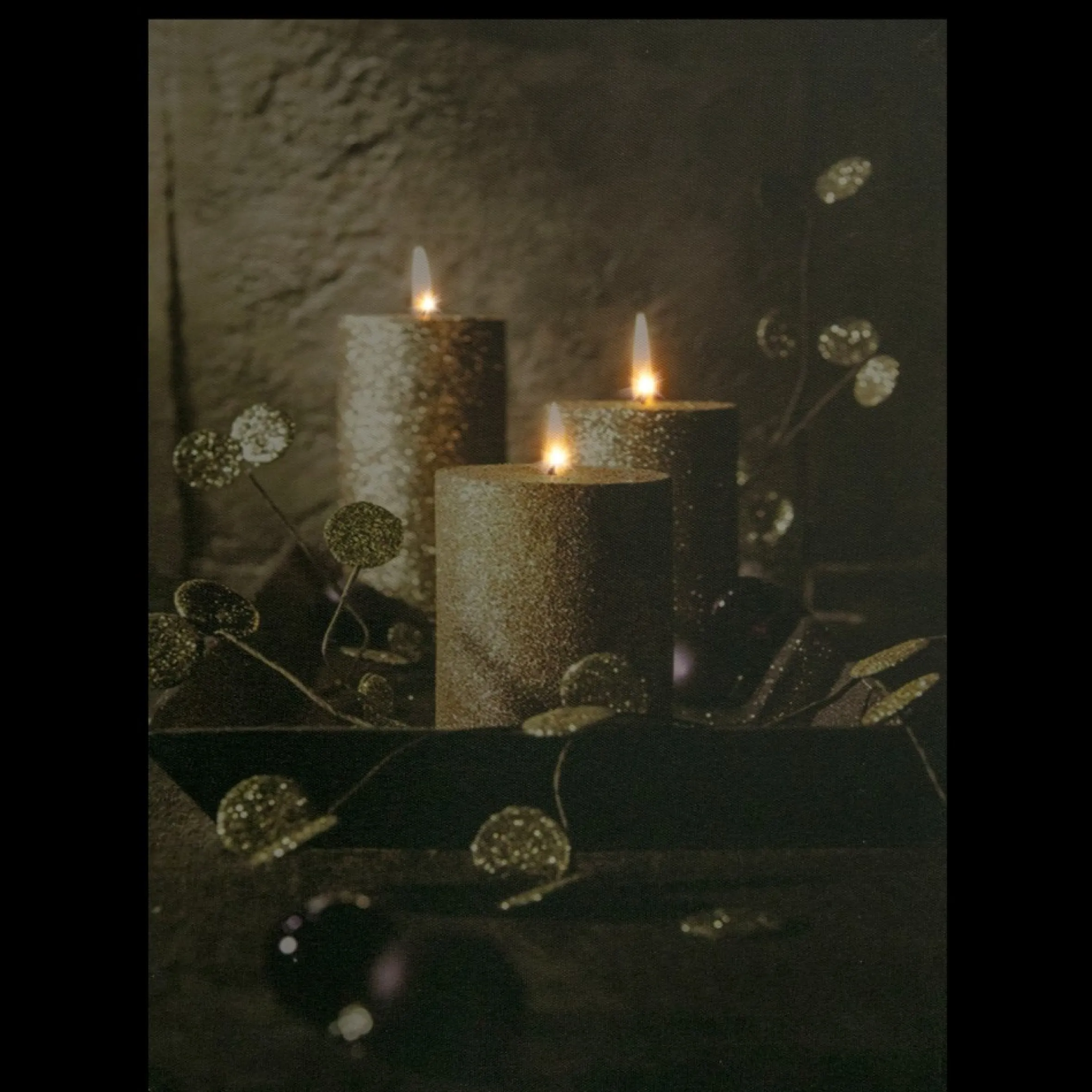 Led Lighted Glittery Gold Flickering Candles Christmas Canvas Wall Art 15.75" X 11.75"