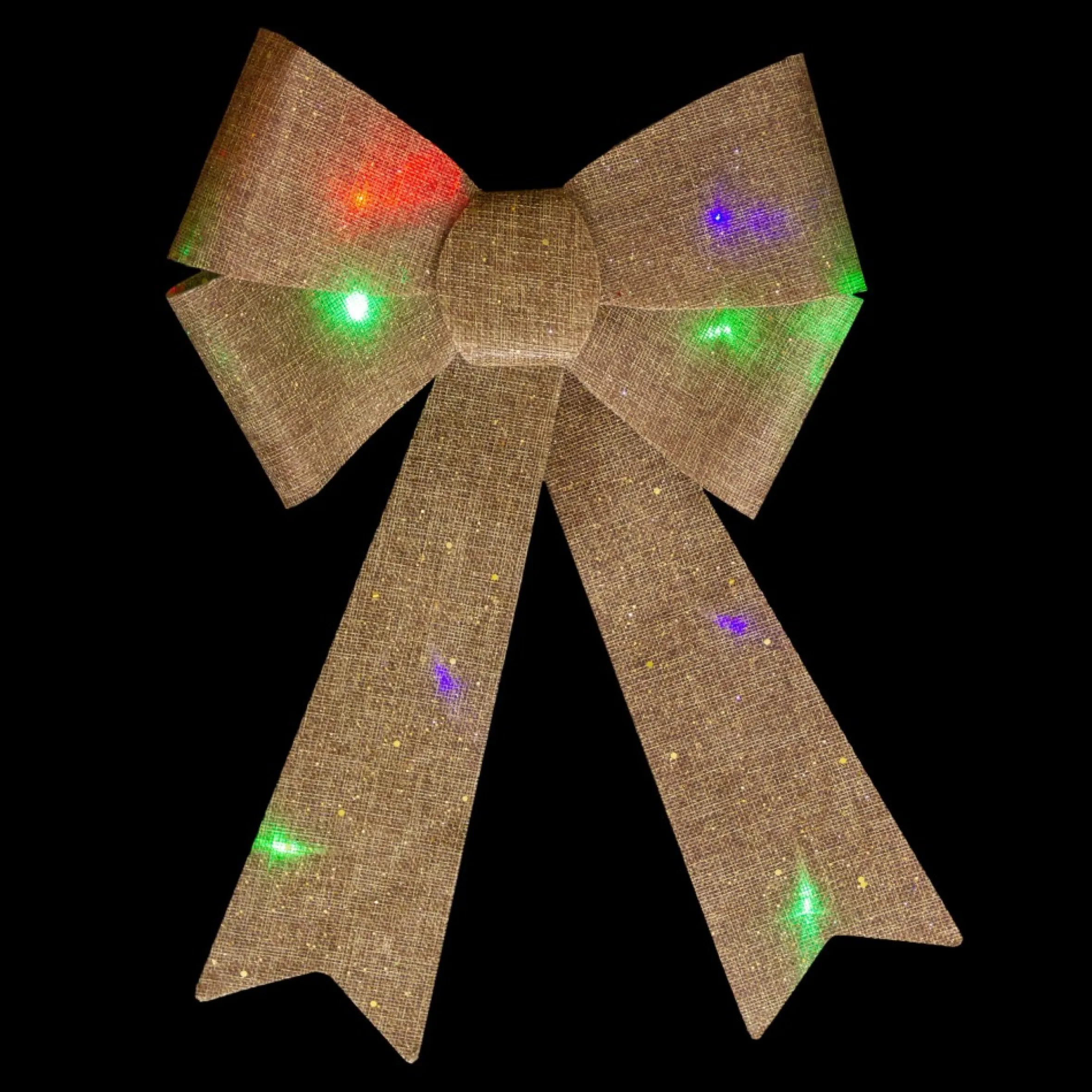 16" Led Lighted Gold Glitter Burlap Bow Christmas Decoration With Color Changing Lights