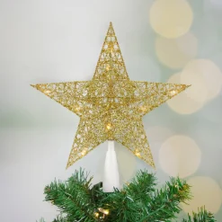 10" Led Lighted Gold Glittered Star Christmas Tree Topper, Warm White Lights