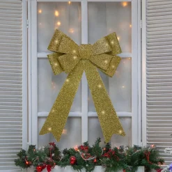 24" Led Lighted Gold Tinsel Bow Christmas Decoration