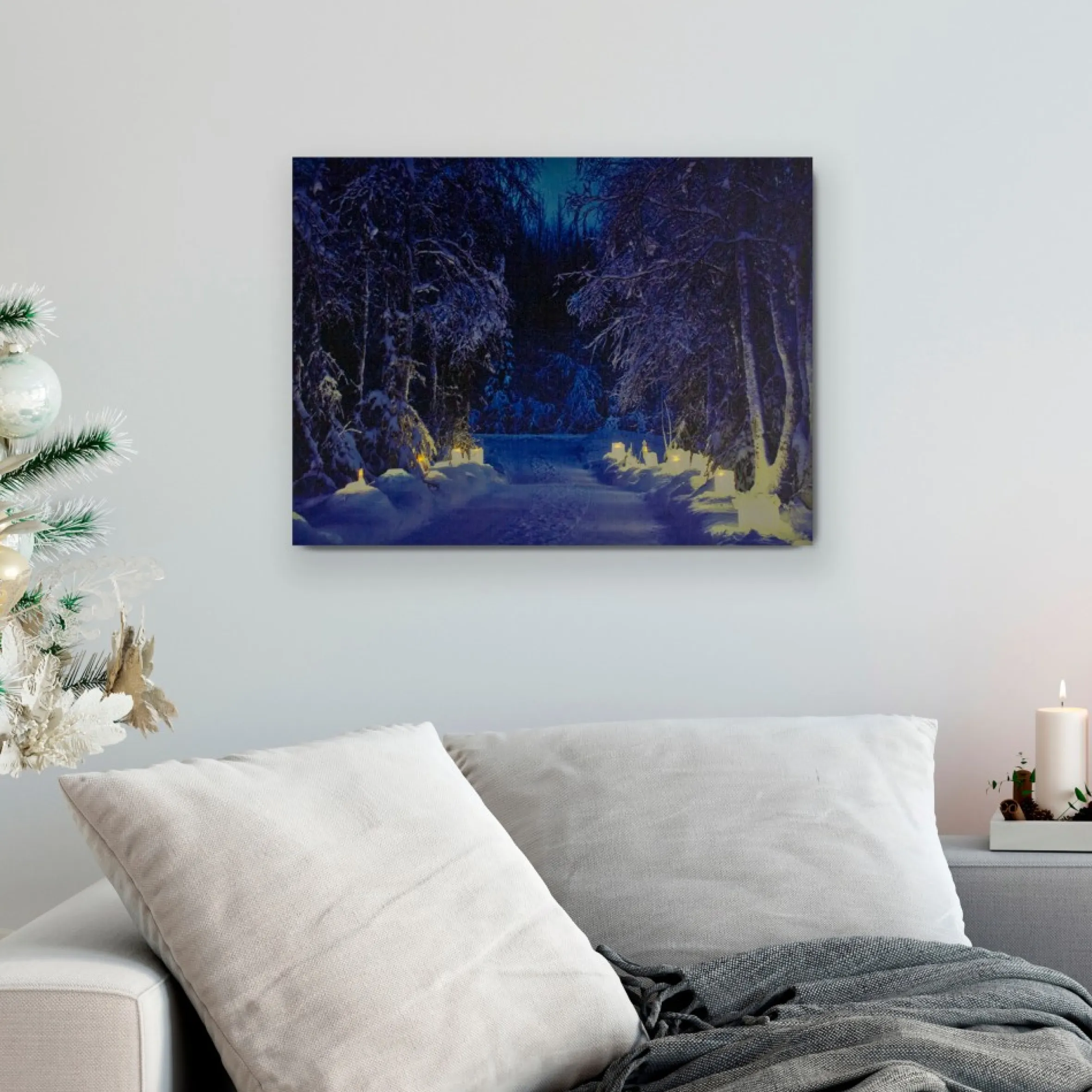 Led Lighted Nighttime In The Woods Winter Scene Canvas Wall Art 15.75"