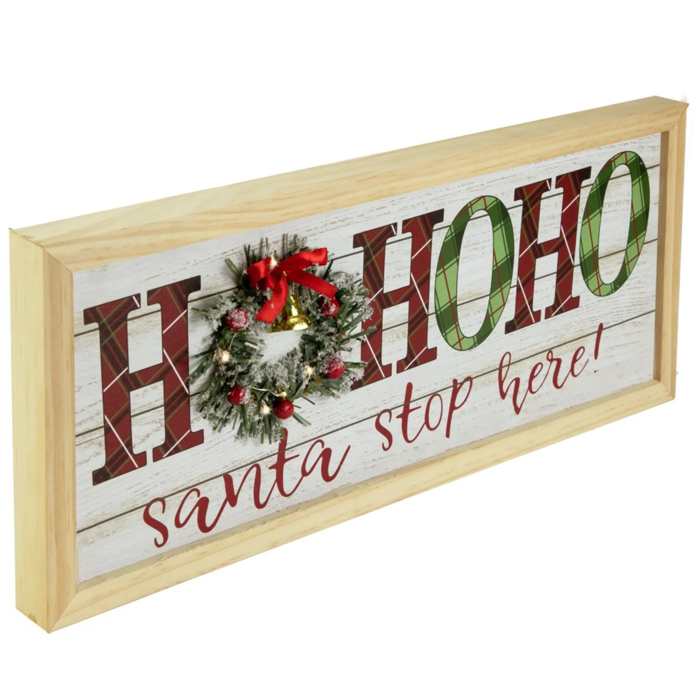 19.75" Led Lighted Plaid 'Ho Ho Ho' Wooden Christmas Wall Sign