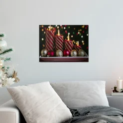 Led Lighted Red And Gold Christmas Candles Display Canvas Wall Art 11.75" X 15.75"
