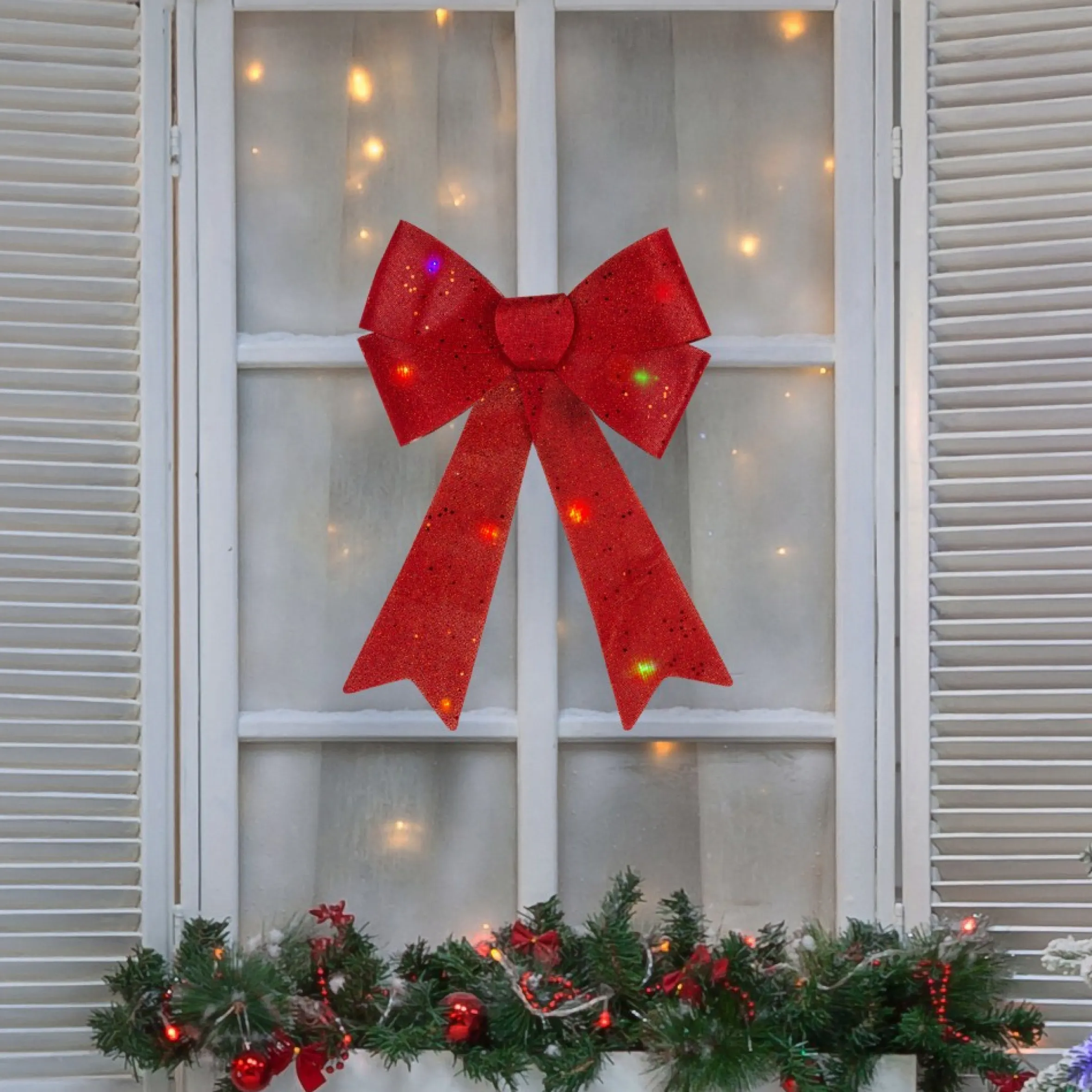 16" Led Lighted Red Burlap Bow Christmas Decoration With Color Changing Lights