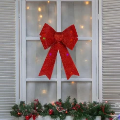 17" Led Lighted Red Tinsel Bow Christmas Decoration With Color Changing Lights