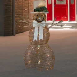 48" Led Lighted Rustic Rattan Snowman Outdoor Christmas Decoration