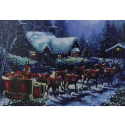 Led Lighted Santa Claus In Sleigh Christmas Canvas Wall Art 15.75" X 23.5"