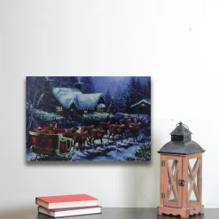 Led Lighted Santa Claus In Sleigh Christmas Canvas Wall Art 15.75