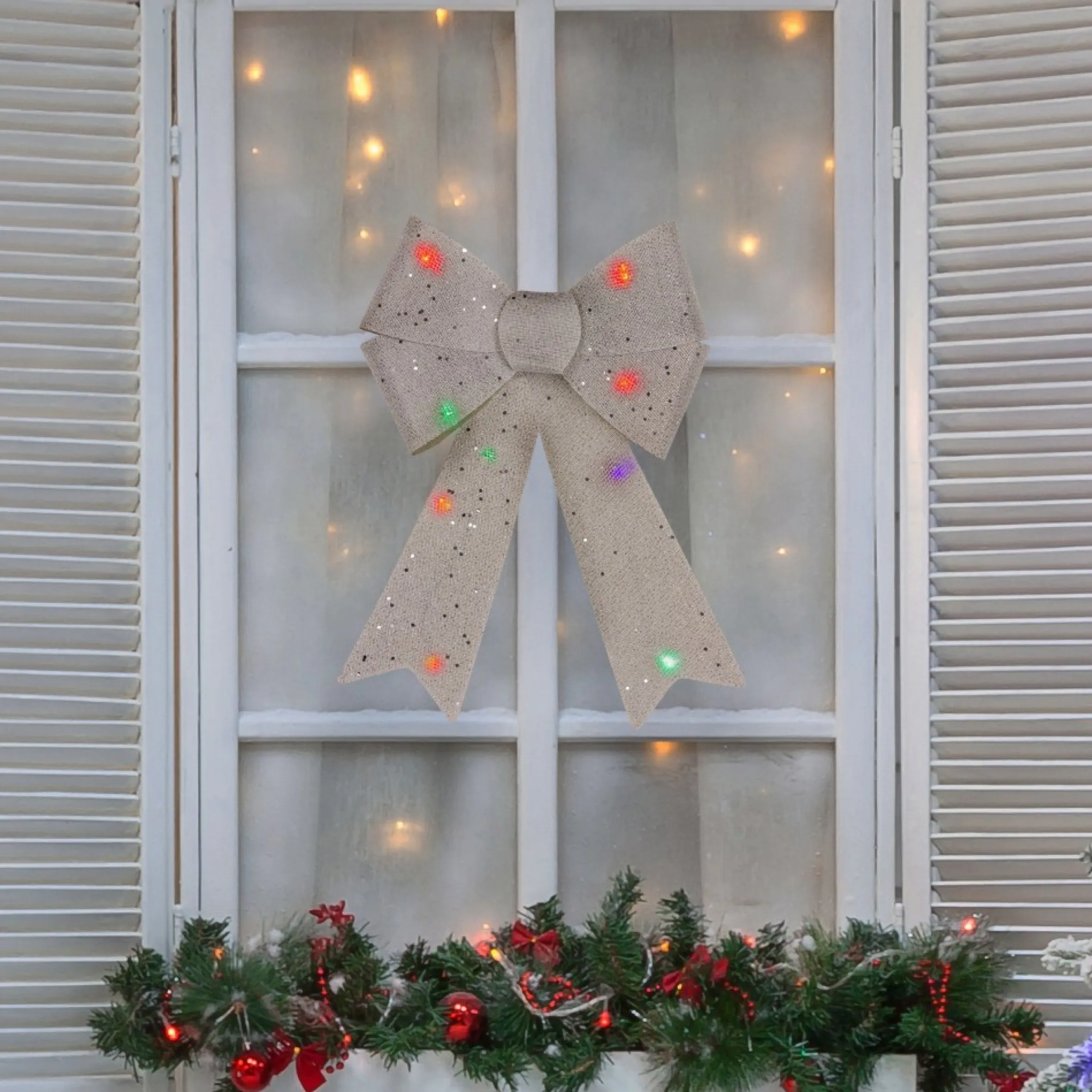 16" Led Lighted Silver Burlap Bow Christmas Decoration With Color Changing Lights