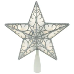 9" Led Lighted Silver Glitter Star Christmas Tree Topper, Warm White Lights
