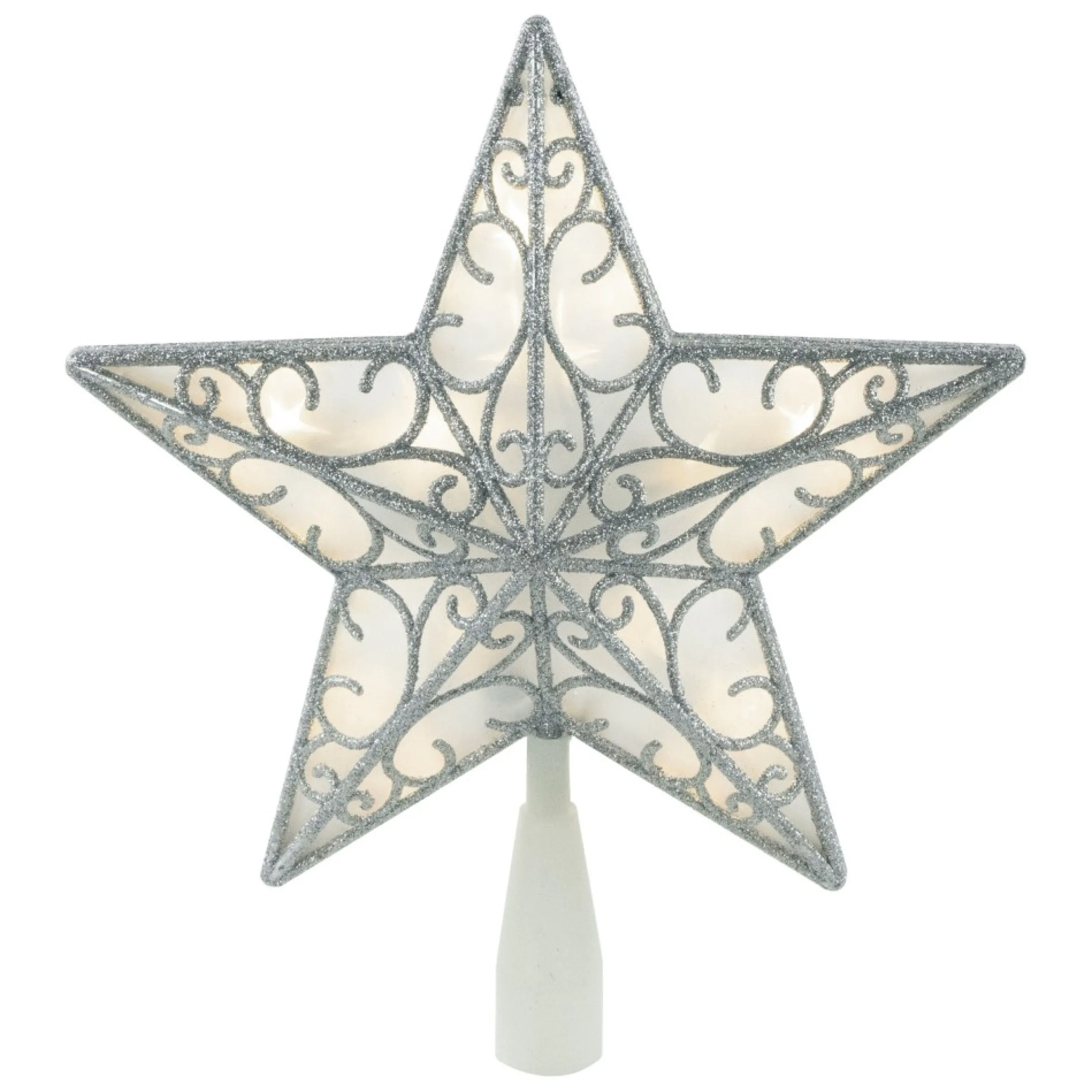 9" Led Lighted Silver Glitter Star Christmas Tree Topper, Warm White Lights