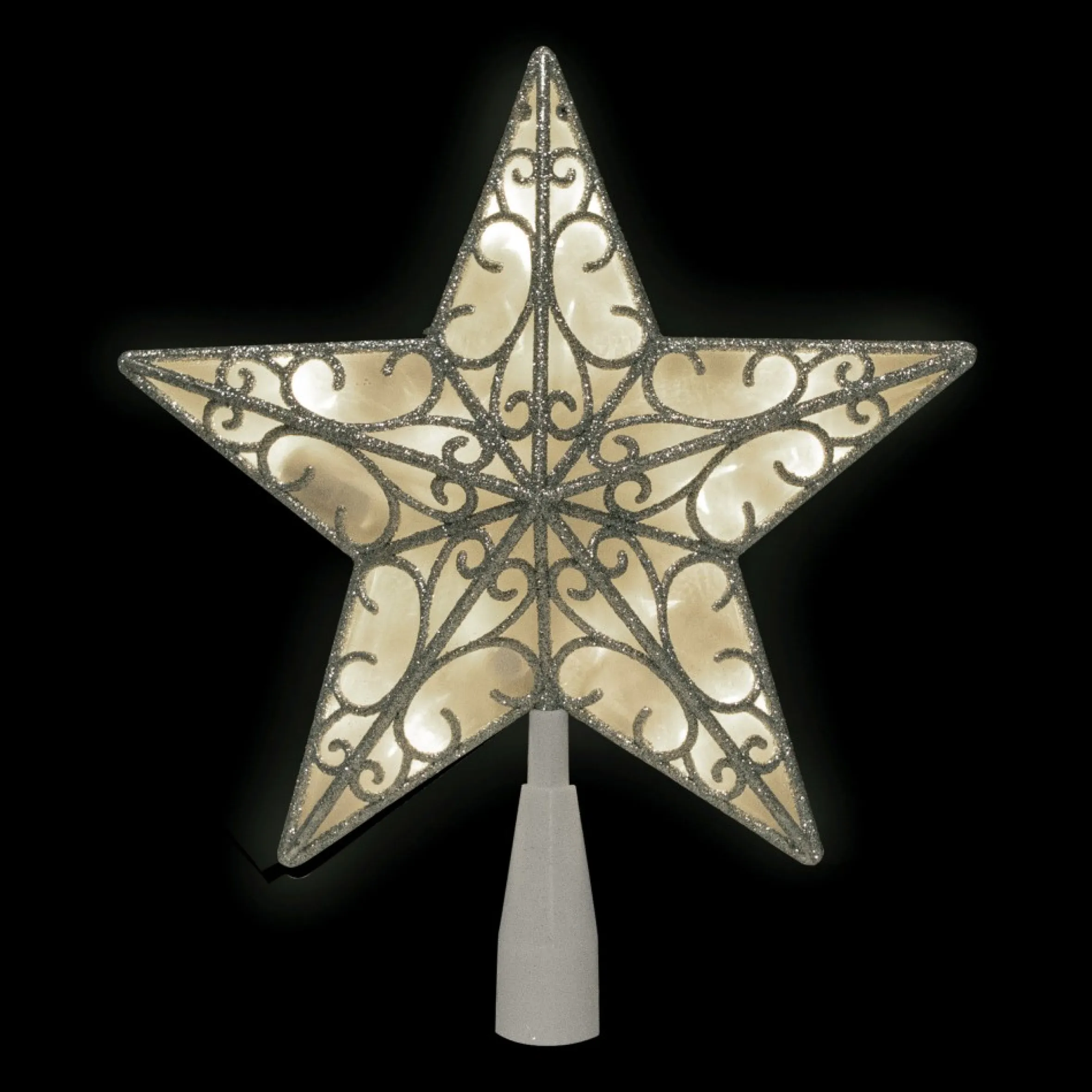 9" Led Lighted Silver Glitter Star Christmas Tree Topper, Warm White Lights