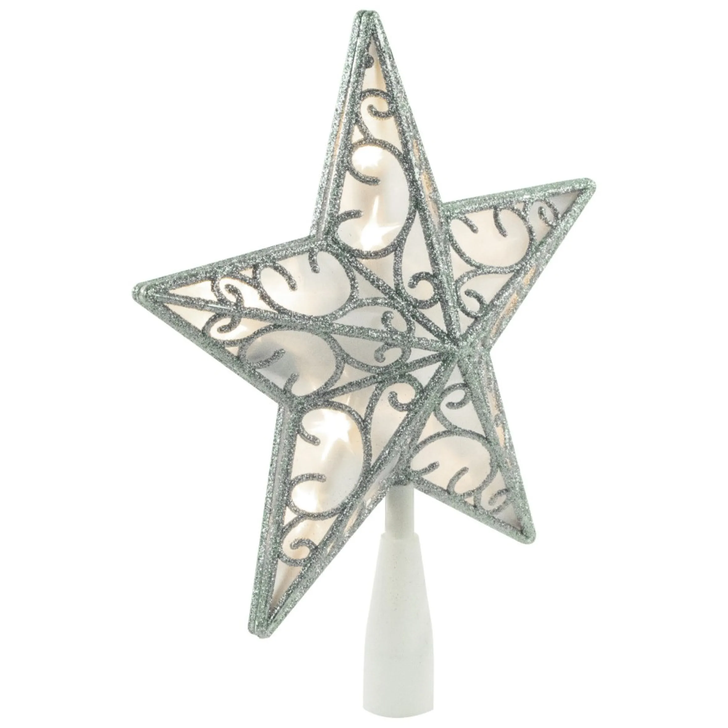 9" Led Lighted Silver Glitter Star Christmas Tree Topper, Warm White Lights