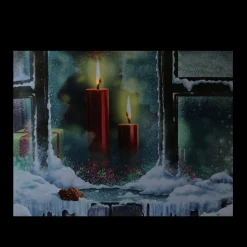 Led Lighted Snowy Window Pane And Candles Christmas Canvas Wall Art 12" X 15.75"