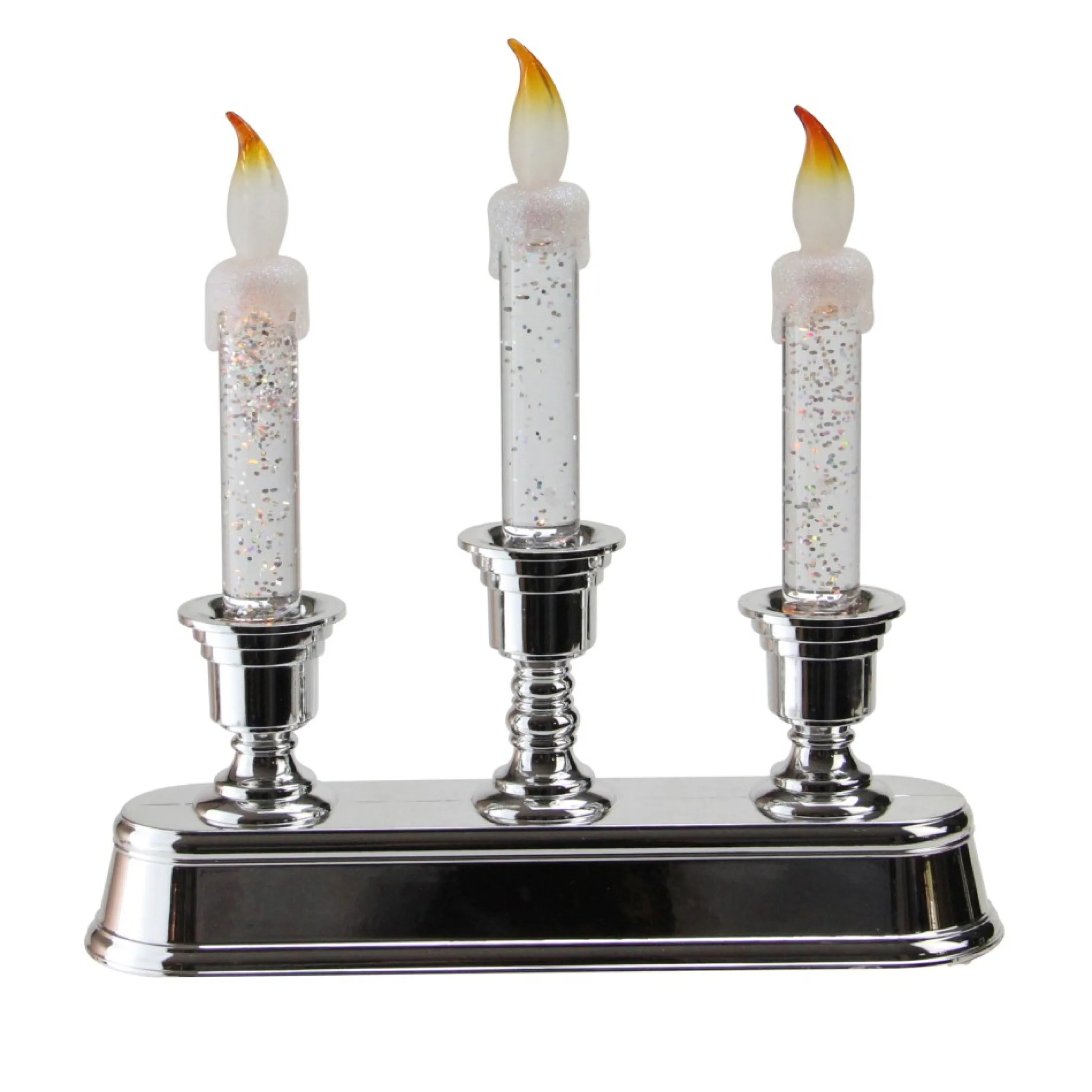 9" Led Lighted 3-Tier Silver Glitter Candelabra Christmas Decor