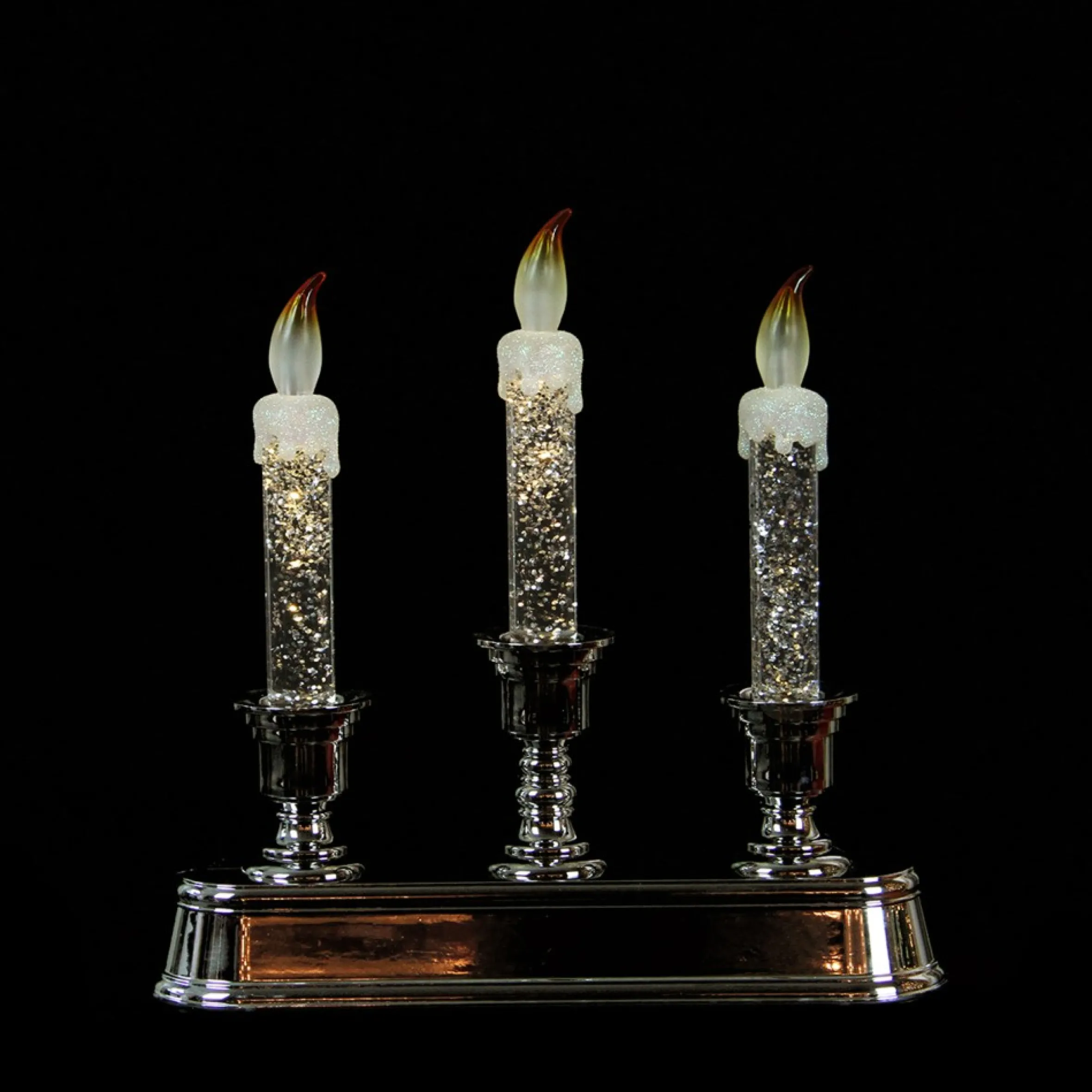 9" Led Lighted 3-Tier Silver Glitter Candelabra Christmas Decor