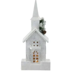 16.5" Led Lighted White And Green Snowy Church Christmas Decoration