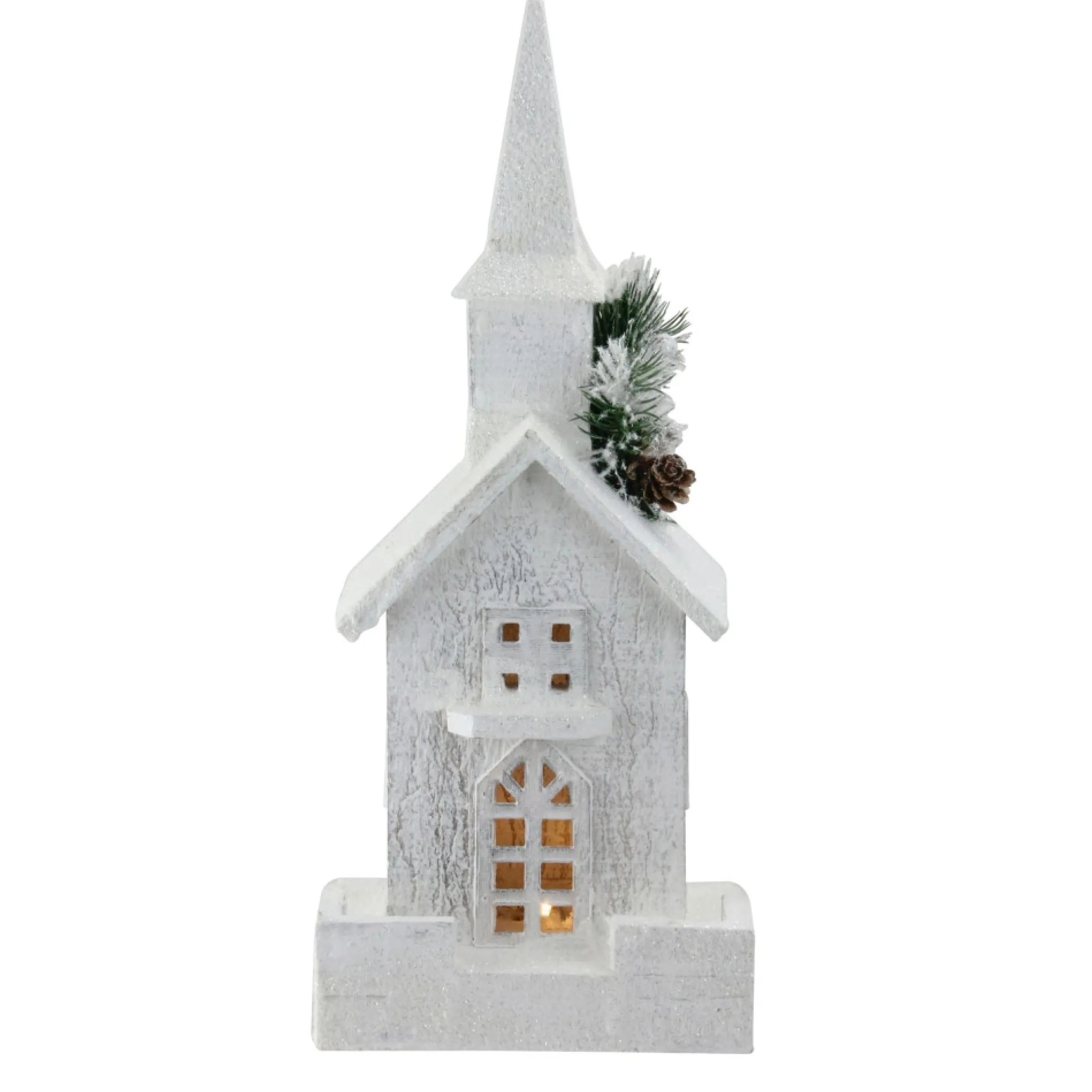 16.5" Led Lighted White And Green Snowy Church Christmas Decoration