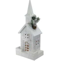 16.5" Led Lighted White And Green Snowy Church Christmas Decoration