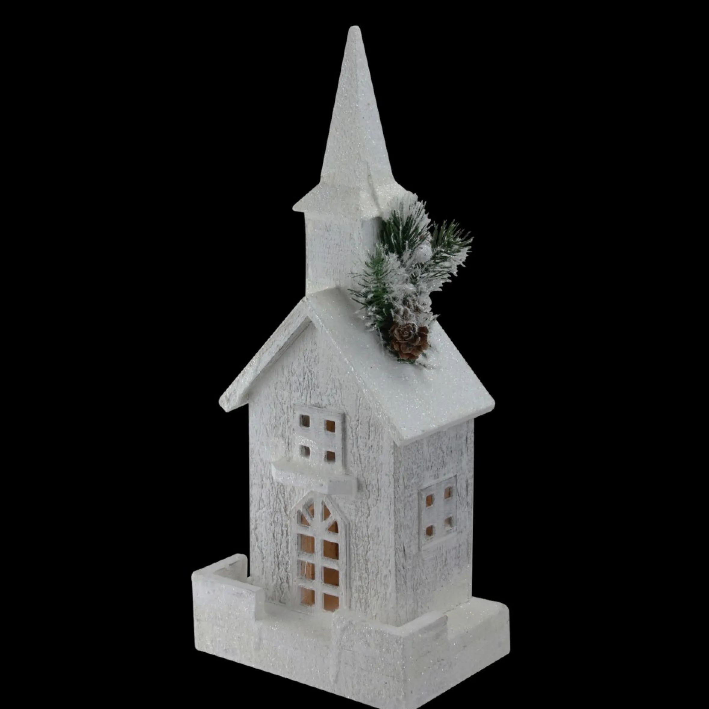 16.5" Led Lighted White And Green Snowy Church Christmas Decoration