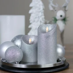 6" Led Silver Glitter Flameless Christmas Decor Candle