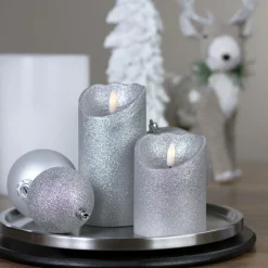 4" Led Silver Glitter Flameless Christmas Decor Candle