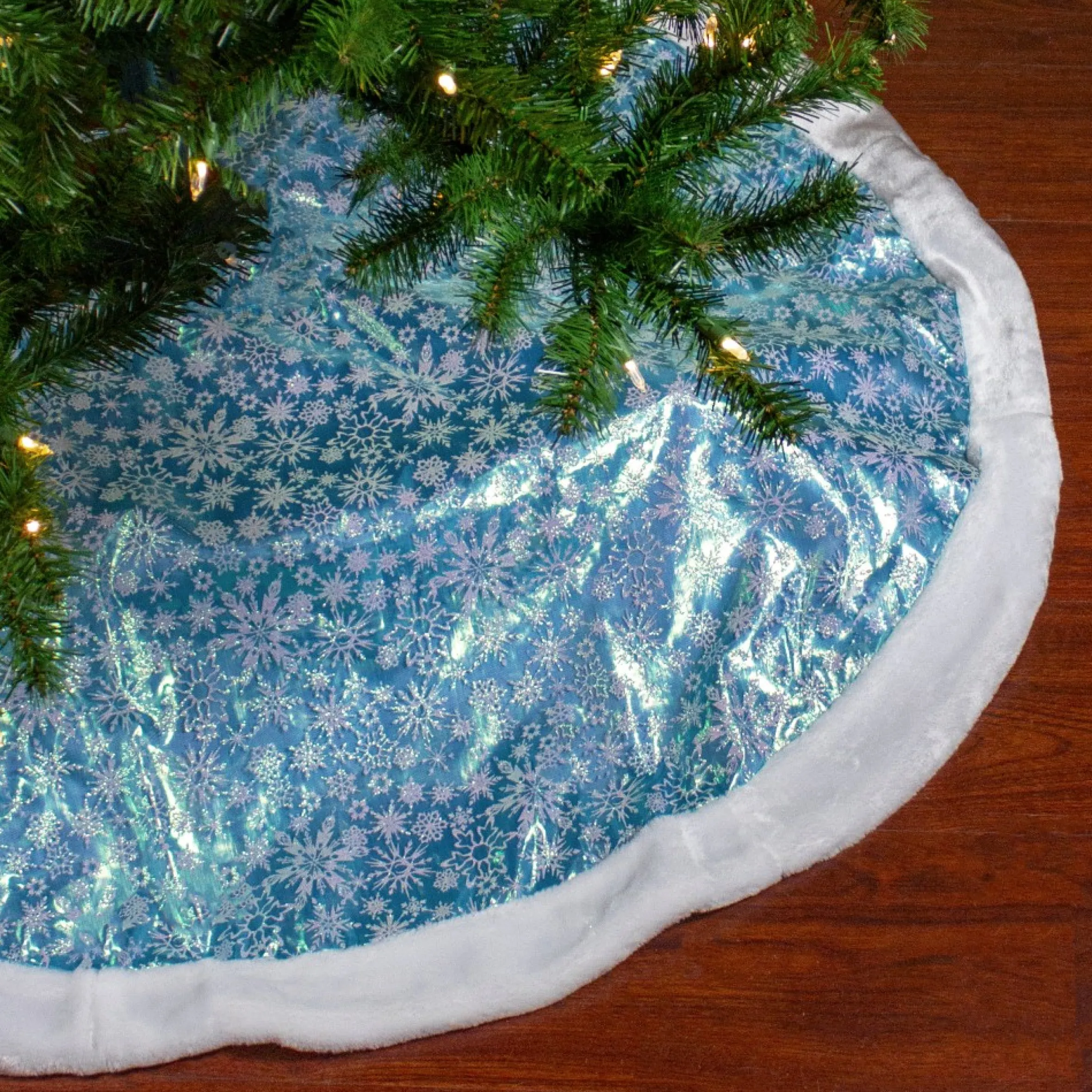 48" Light Blue Iridescent Mesh Glittered Snowflakes Christmas Tree Skirt