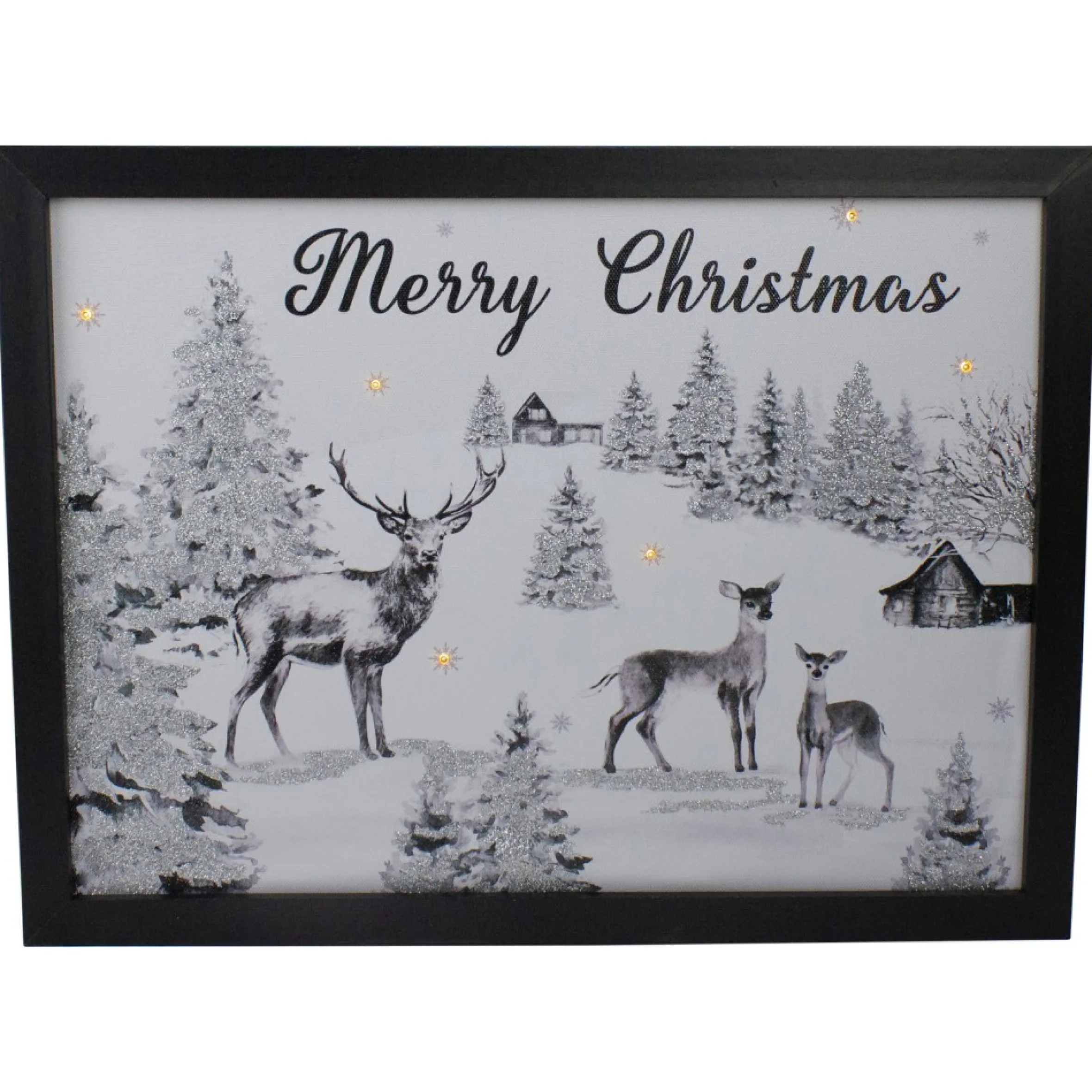 Lighted Black And White Winter Scene Merry Christmas Canvas Wall Art 11.75" X 15.75"