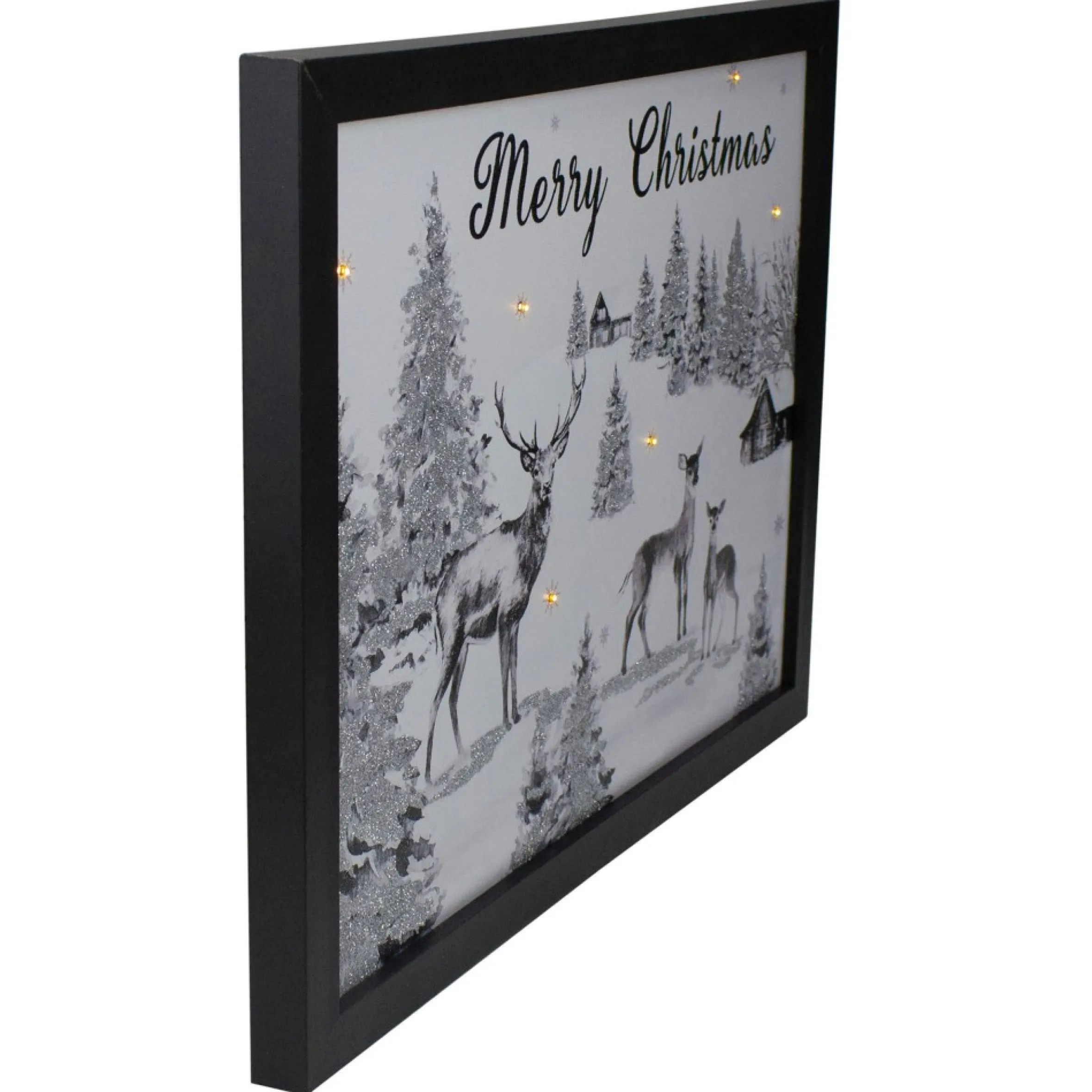 Lighted Black And White Winter Scene Merry Christmas Canvas Wall Art 11.75" X 15.75"