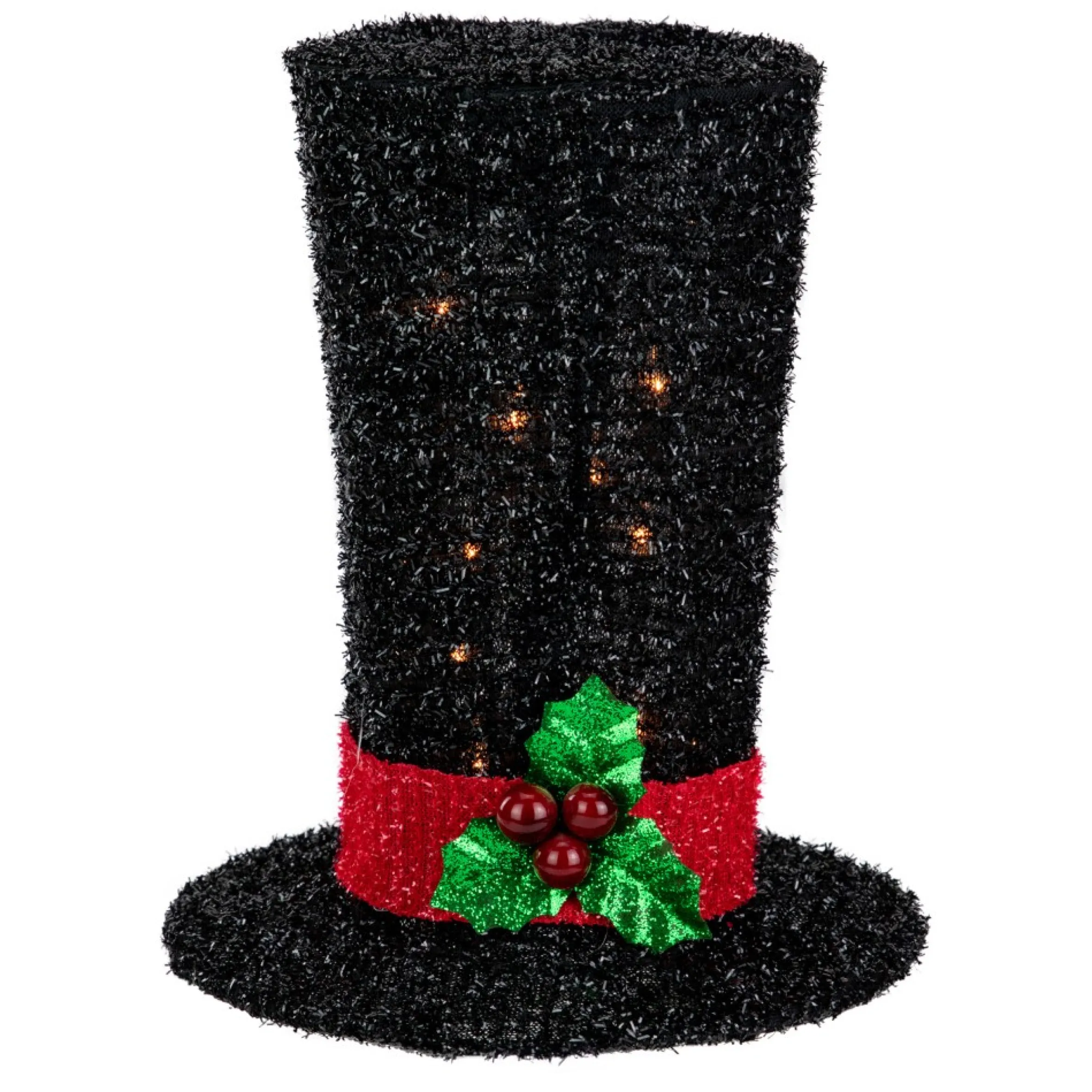9.25" Lighted Black Tinsel Top Hat Christmas Tree Topper, Clear Lights