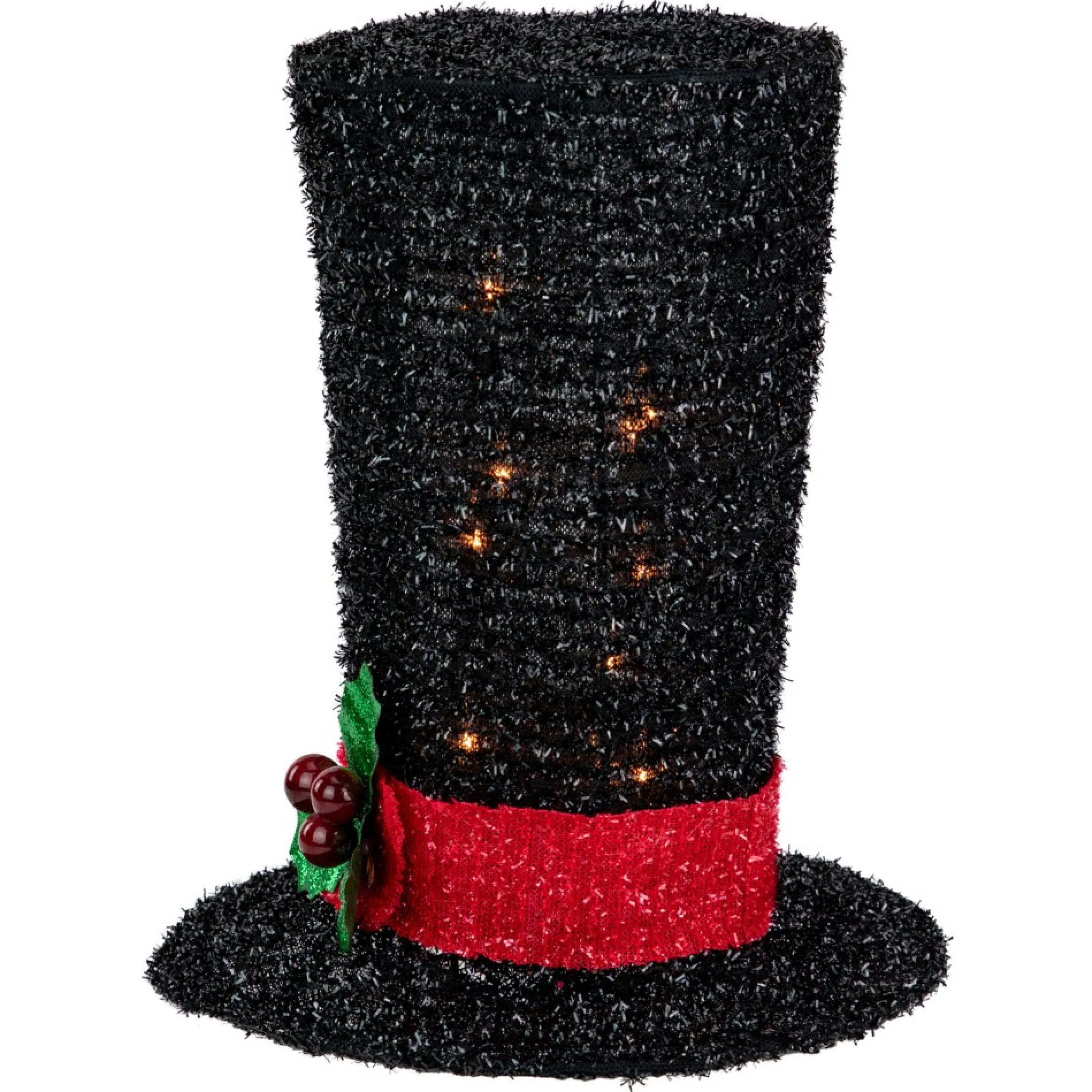 9.25" Lighted Black Tinsel Top Hat Christmas Tree Topper, Clear Lights