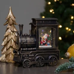 6.75" Lighted Black Train Christmas Snow Globe With Santa