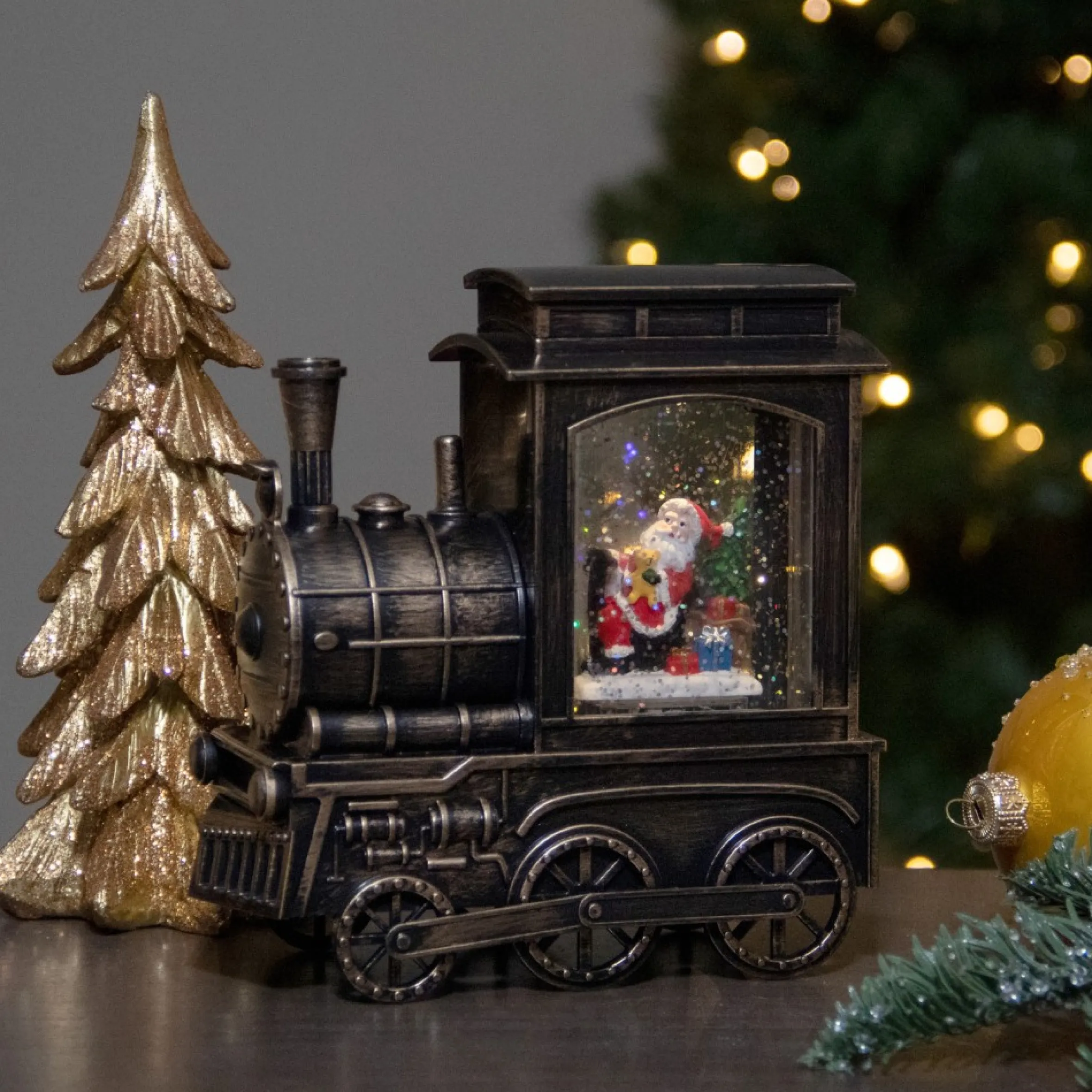 6.75" Lighted Black Train Christmas Snow Globe With Santa
