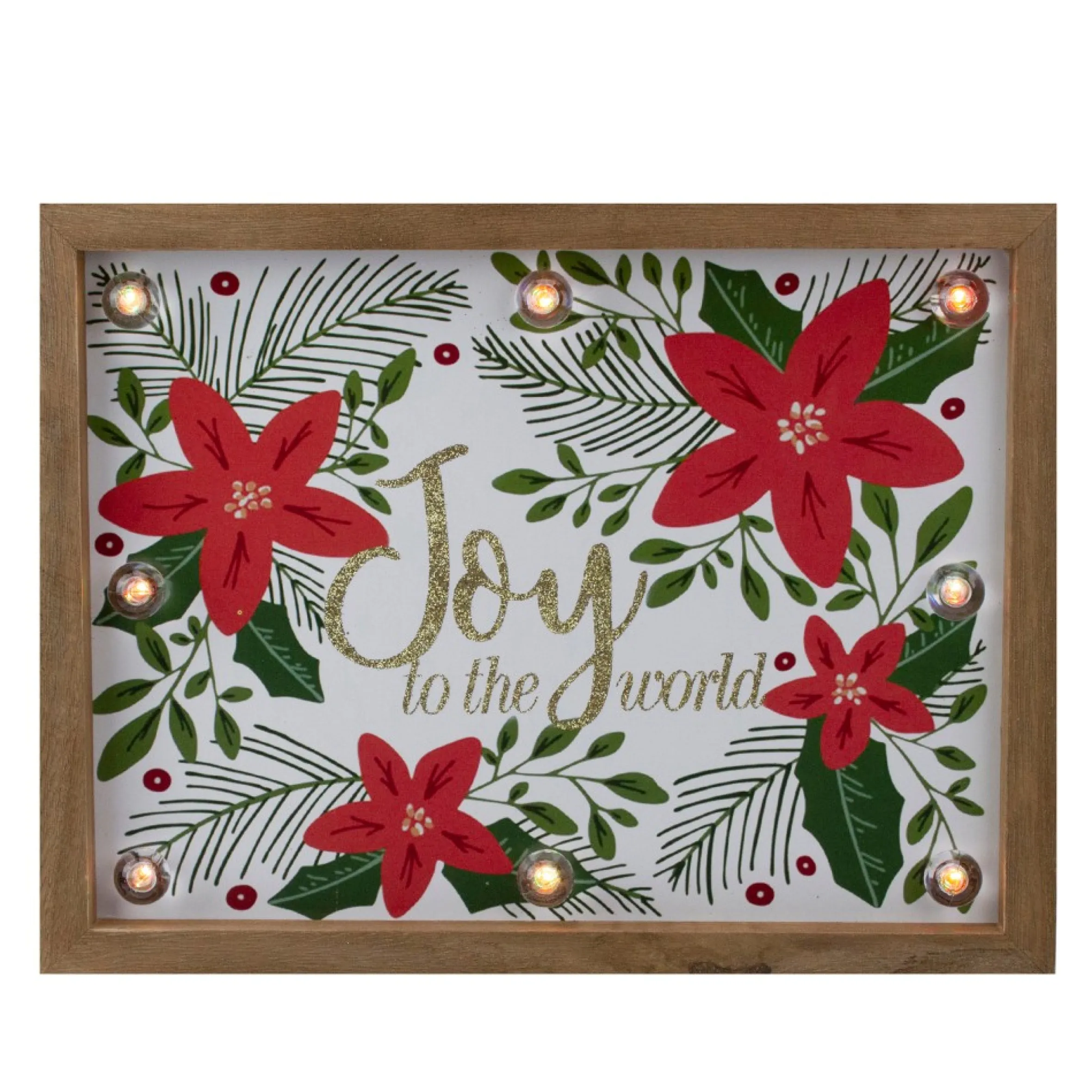 11.8" Lighted Brown Wooden Frame Poinsettia "Joy To The World" In Glitter Christmas Plaque