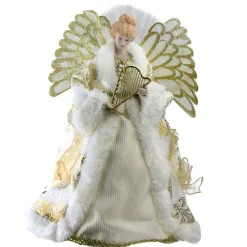 12" Lighted Fiber Optic Angel In Gold And Cream Gown With Harp Christmas Tree Topper