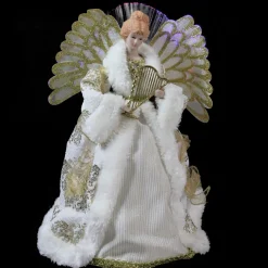 12" Lighted Fiber Optic Angel In Gold And Cream Gown With Harp Christmas Tree Topper