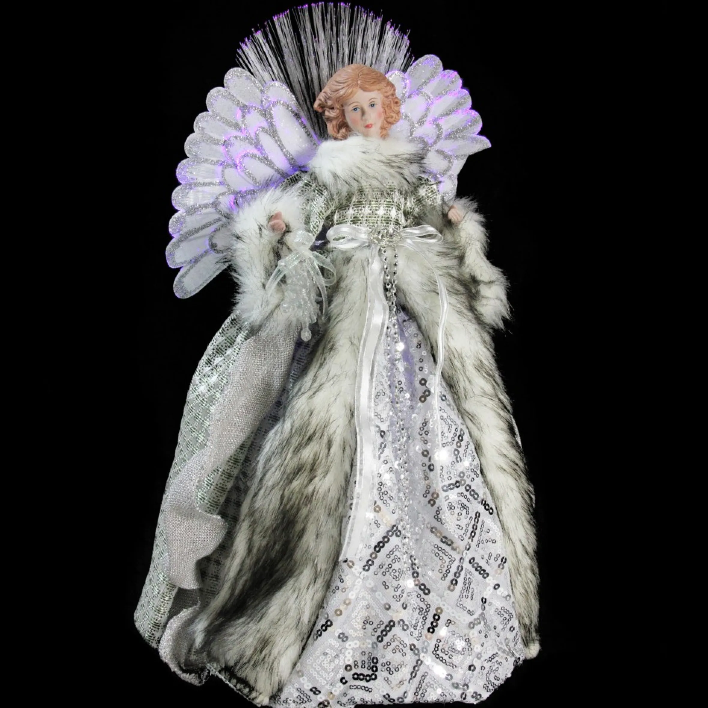 16" Lighted Fiber Optic Angel In Silver Gingham Coat Christmas Tree Topper