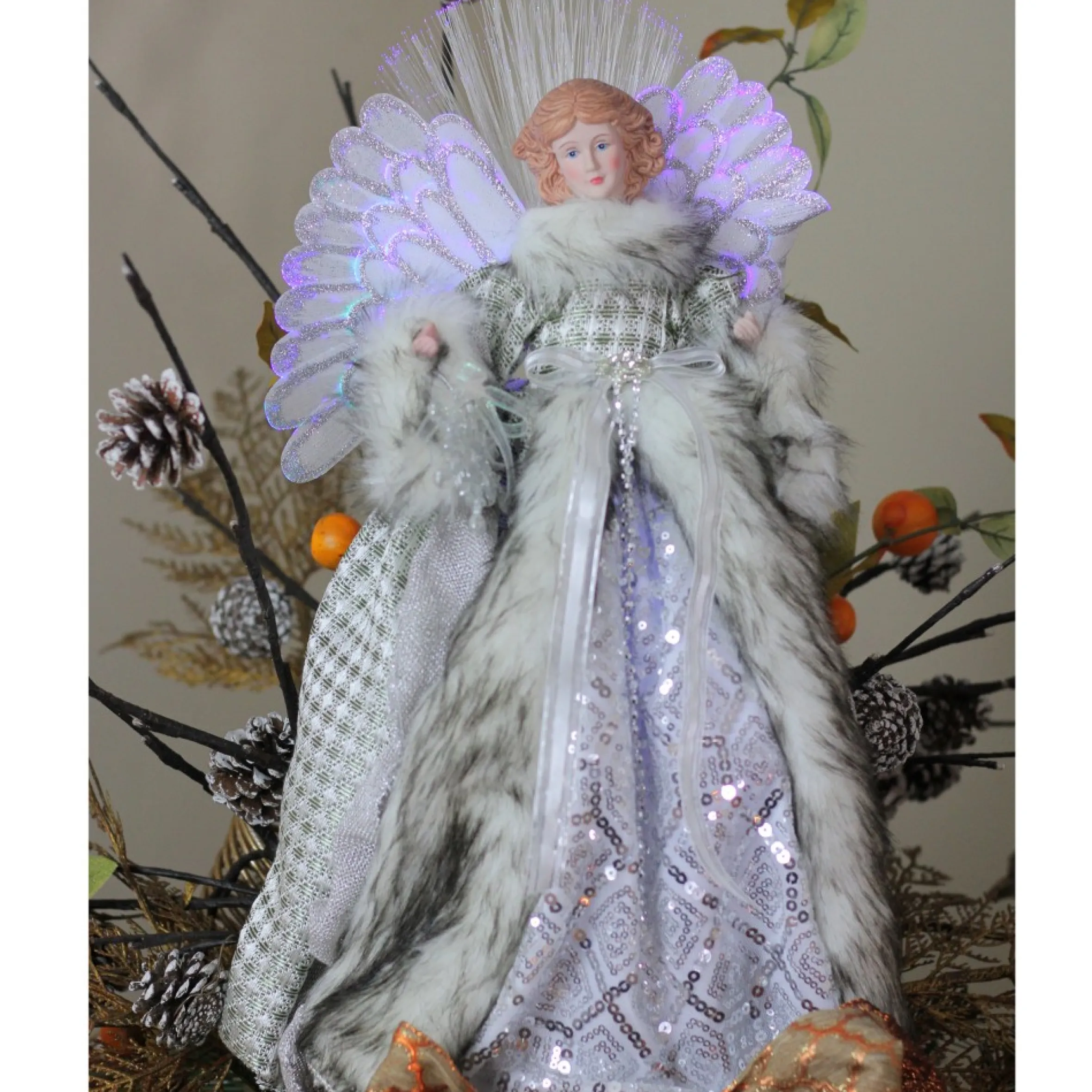 16" Lighted Fiber Optic Angel In Silver Gingham Coat Christmas Tree Topper