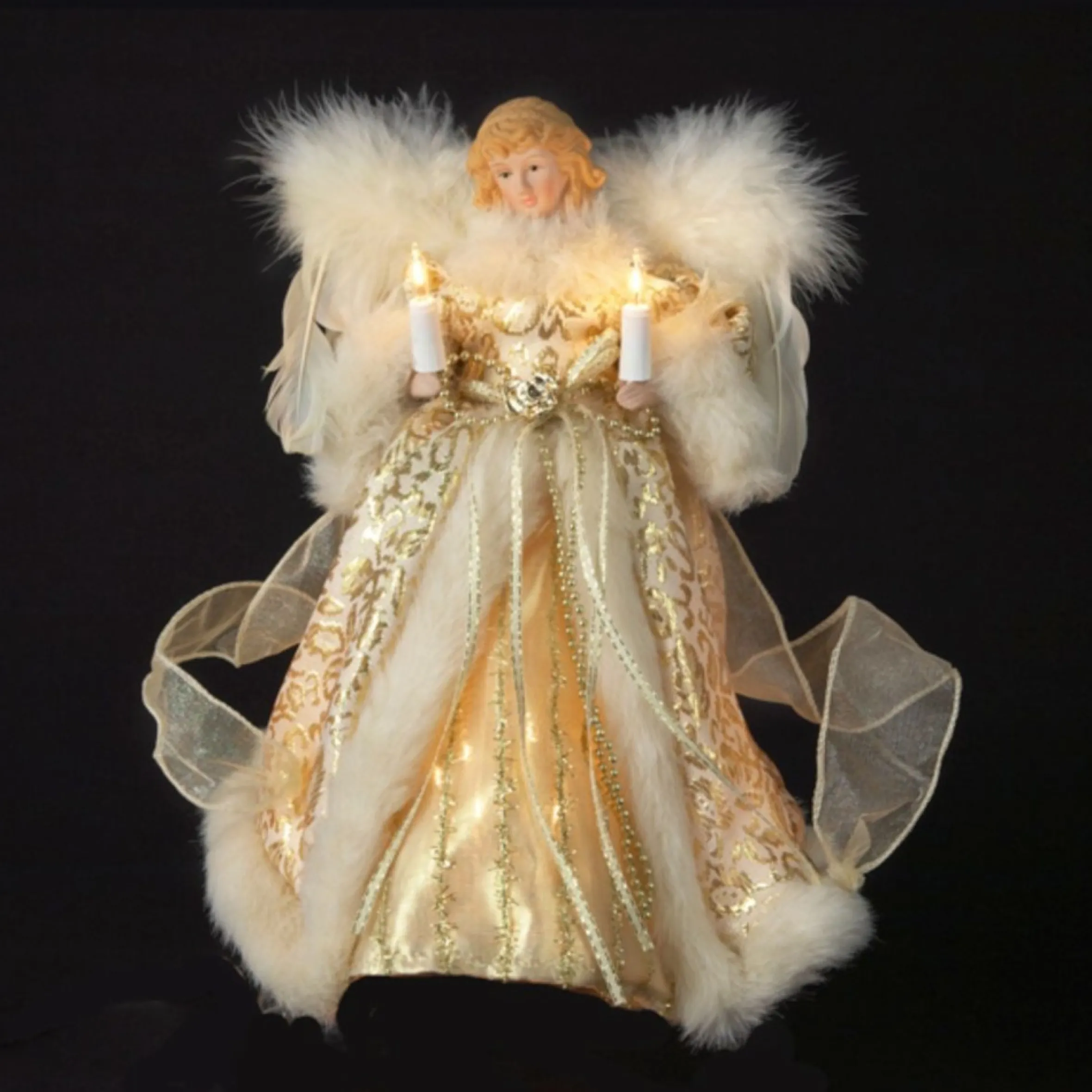 10" Lighted Fluffy Winged White And Gold Angel Christmas Tree Topper - Clear Lights