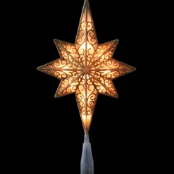 10" Lighted Frosted Clear And Gold Scroll Star Of Bethlehem Christmas Tree Topper - Clear Lights