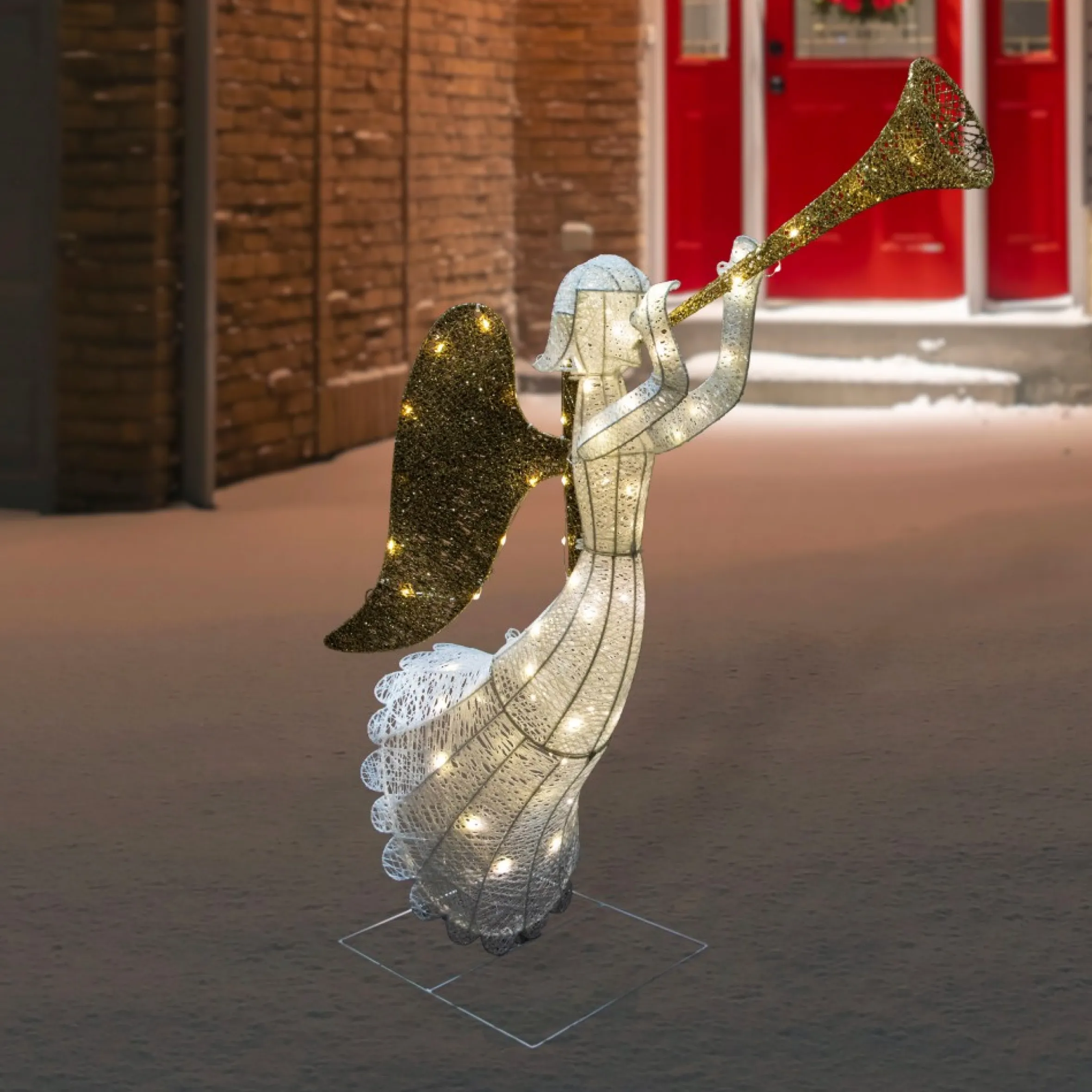 48" Lighted Glittered Silver And Gold Trumpeting Angel Christmas Outdoor Decoration