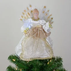 12" Lighted Gold And Ivory Angel Tree Topper - Multicolor Fiber Optic Lights