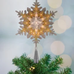 13.75" Lighted Gold And Silver Snowflake Christmas Tree Topper, Clear Lights